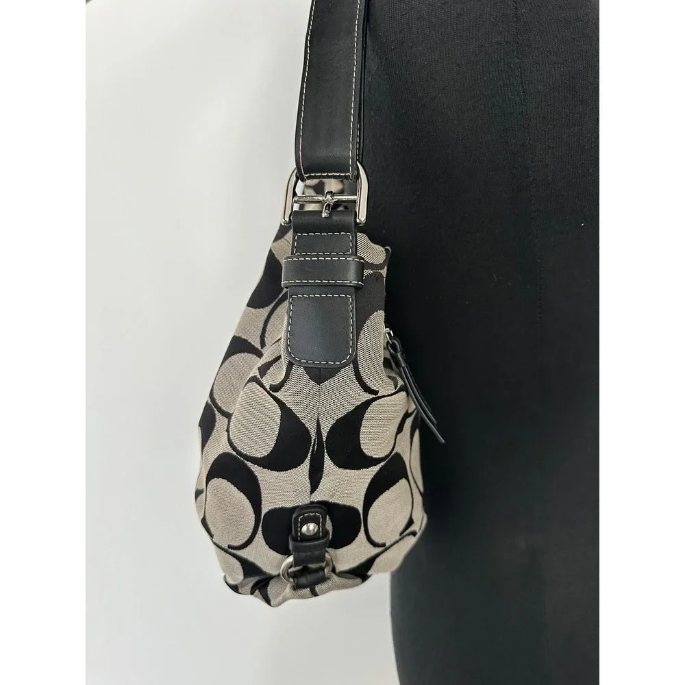 Coach F15067 Black Gray Signature Canvas Convertible Shoulder Hobo Duffle Bag